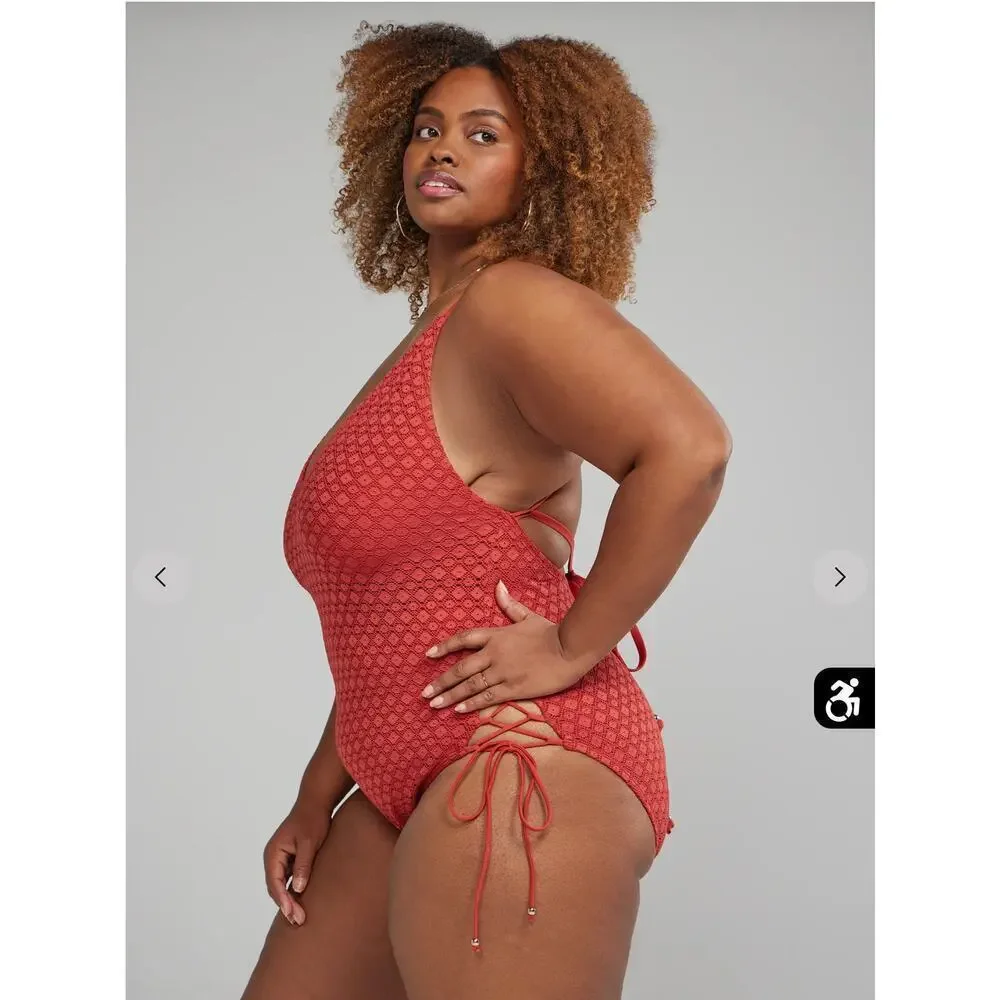 Crochet & Side Lace-Up One Piece Swimsuit Rust Color 2X (FTF)